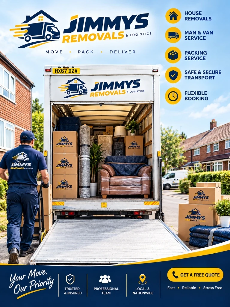 Jimmys Removals modern Luton removals van with tail lift, packed furniture, and uniformed mover in Birmingham